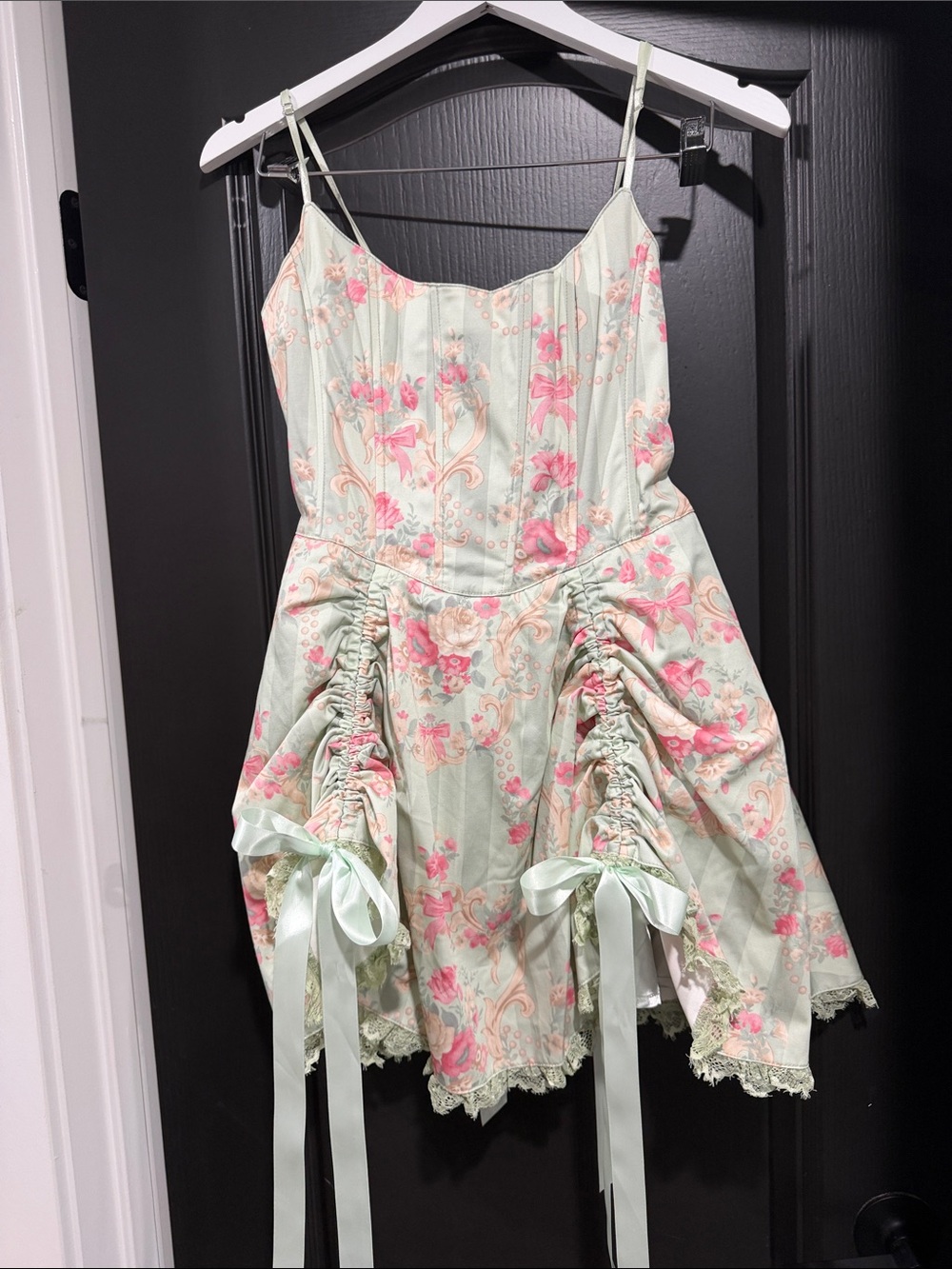 Sugar Thrillz Mint Green Floral Ruffle Midi Dress with Pink Accents